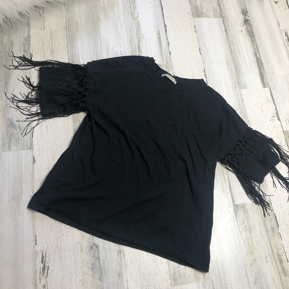 Zara Trafaluc Black Top Shirt fringe size small